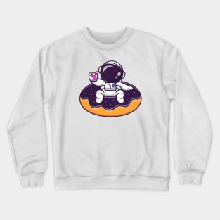 Cute Astronaut Floating On Space Donut Balloon Cartoon Crewneck Sweatshirt